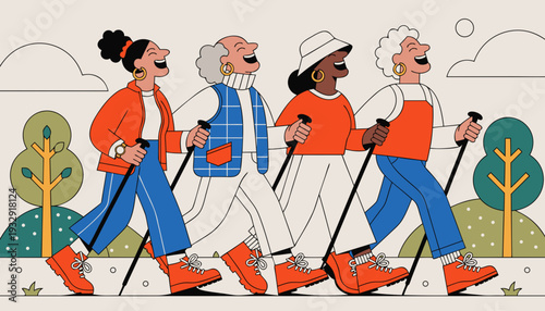 Four diverse and happy elderly women with walking poles are enjoying a cheerful Nordic walking exercise outdoors, embracing an active and healthy lifestyle.