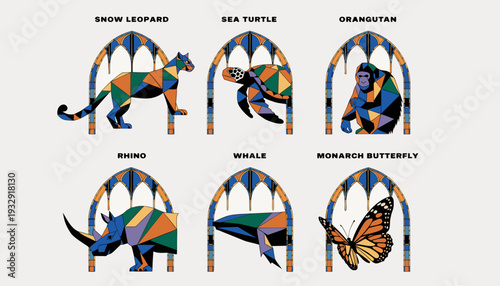 Six geometrically stylized endangered animals including a snow leopard, sea turtle, orangutan, rhino, whale, and monarch butterfly are showcased within ornate arch designs.