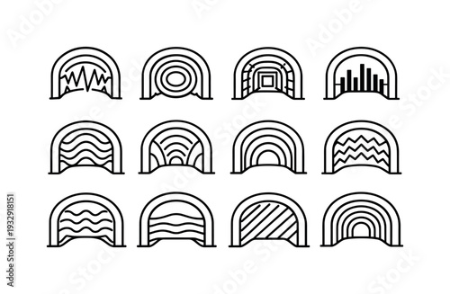 Line style vector icons of mining/utility tunnels: pulse arc, loop ring, propagation tile, rhythm bar, rhythm contour,
