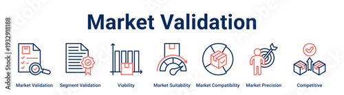 Market Validation web banner icon vector illustration concept for business with icon of Market Validation, Segment Validation, Viability, Market Suitability, Market Compatibility, Market Precision,.