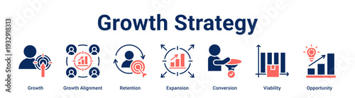 Growth Strategy web banner icon vector illustration concept for business with icon of Growth, Growth Alignment, Retention, Expansion, Conversion, Viability,.