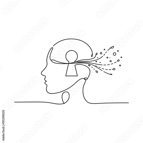 Abstract line drawing of a human head with internal concepts