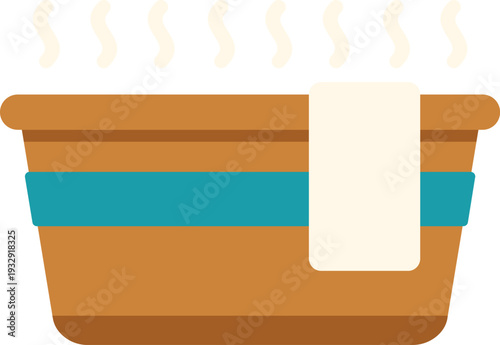 Wooden hot tub with steam rising and a towel hanging over the edge, creating a relaxing scene