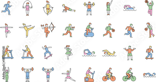 Sports Activity Icon Set Collection with Running, Swimming, Cycling, Weightlifting, Archery, and Team Games for Fitness and Recreation Design