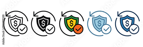 Reinsurance icon set multiple style collection, versatile icons representing risk management, shield, and policy transfer in solid and line styles, editable vector illustrations for insurance platform