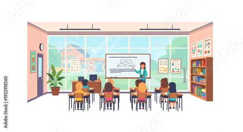 Teacher instructing students in a bright classroom with a large window and whiteboard