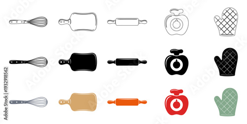 Kitchen utensils collection with whisk cutting board rolling pin timer and oven mitt for bakery design.