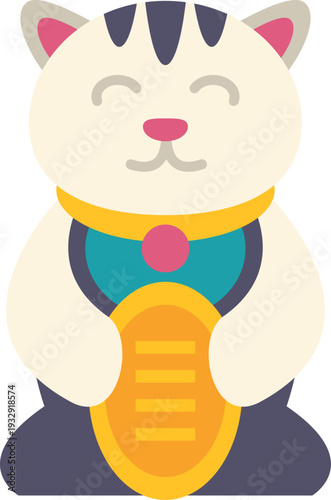 Japanese lucky cat maneki neko holding a golden coin, attracting good fortune and wealth
