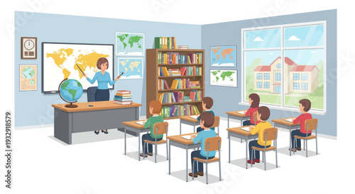 Teacher Explaining World Map to Students in Classroom