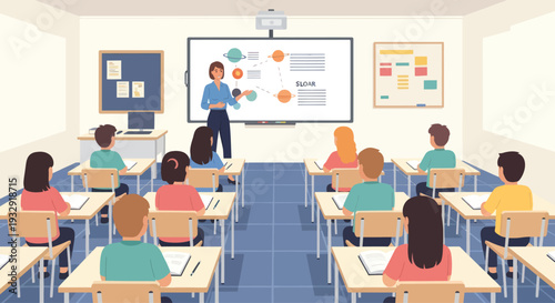 Diverse Students Learning in Modern Classroom with Interactive Whiteboard