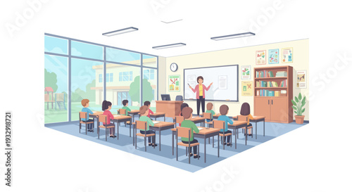 Diverse students learning in a bright, modern classroom with teacher at whiteboard