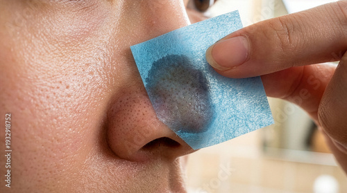 Close-up of Blue Oil Blotting Sheet Removing Sebum from Nose