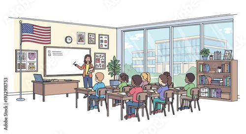 Diverse students learning in a bright, modern classroom with teacher at whiteboard