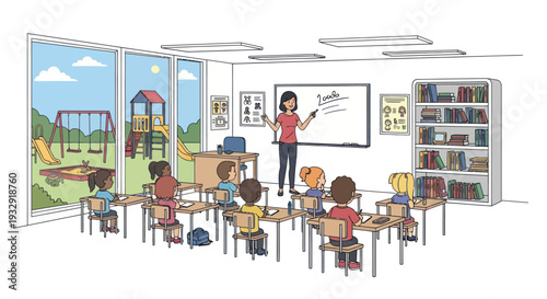 Diverse Classroom Learning: Teacher Instructs Students at Desks with Playground View