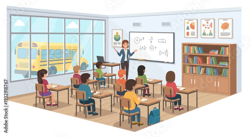 Teacher instructing diverse students in a bright classroom with school bus visible outside