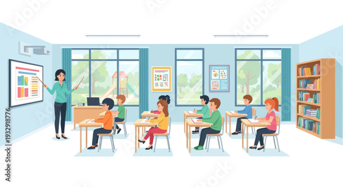 Teacher instructing students in a bright, modern classroom with interactive whiteboard