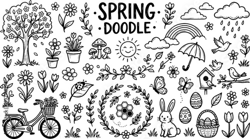 Vibrant set of spring-themed doodle icons illustrating nature elements such as trees, flowers, butterflies, a smiling sun, and a bicycle, ready for creative projects.