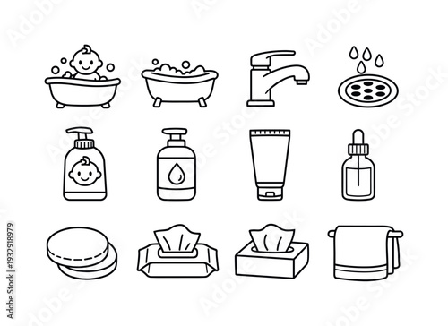 Line style icons of infant hygiene care: baby bath, bathtub, faucet, drain; baby shampoo, wash, cream, oil; cotton pad, wipe,