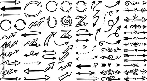 Collection of hand-drawn black and white arrows, pointers, swirls, and decorative dividers providing diverse directional and separating graphic elements for design.