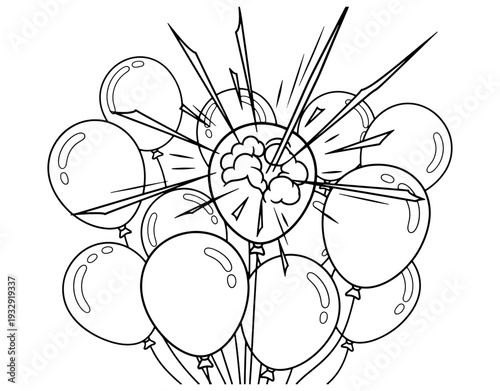 Vector illustration of a bunch of balloons with one balloon popping or exploding in the center, black and white line art concept of breaking the mold, standout or surprise.