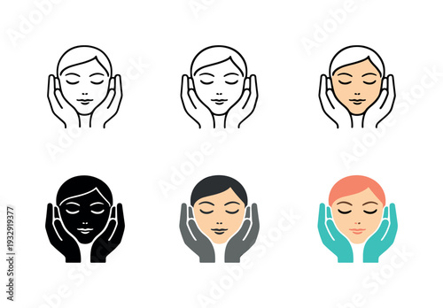 Beauty treatment care illustration presenting a tranquil face held by gentle hands in a soothing gesture, repeated six times as