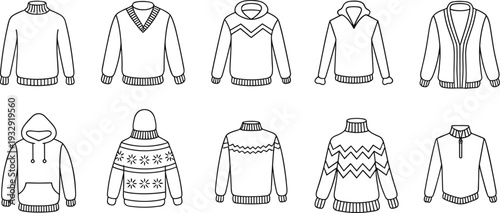 Winter sweater and hoodie icon set with knitted pullover cardigan jumper line art vector illustration collection
