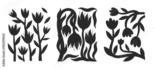 Botanical floral silhouettes in linocut style.Scandinavian folk illustration set with widflower, branches and leaves.Bold black and white flowers for prints,posters,wall art decor,branding,patterns.