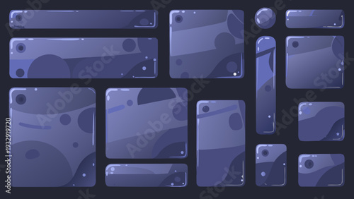 Abstract blue glassmorphism ui components floating on dark background