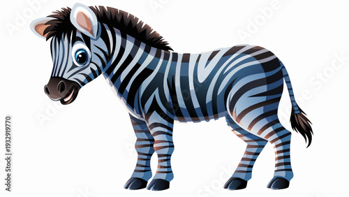 Adorable cartoon zebra with oversized head and striped fur standing against white background