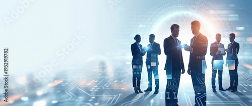 Business professionals collaborating in a digital environment representing global network connectivity and technology innovation.