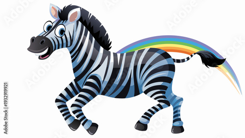 Cartoon zebra dancing happily with energetic pose and rainbow tail