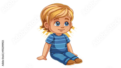 Smiling blond boy sitting in modern cartoon realism style with sunny background