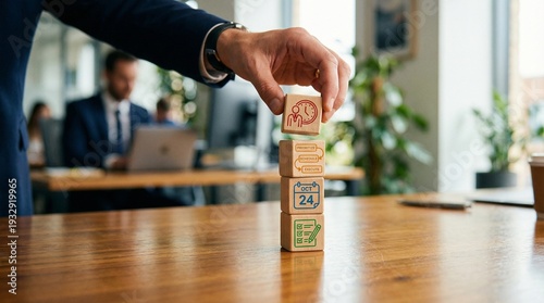 Businessman placing wooden blocks illustrating time management and task execution sequence
