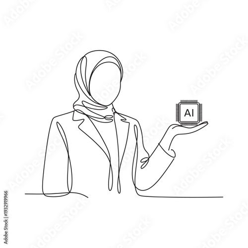 Woman in hijab presenting artificial intelligence technology with a single line