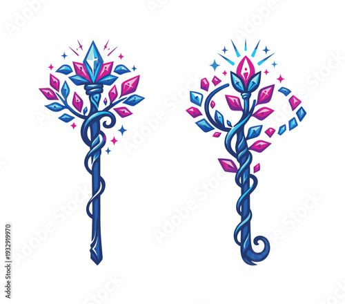 Two-Color vector icons of a fantastical wand blooming with prism-grown foliage (whimsical shift): prism bloom, glowing branch,