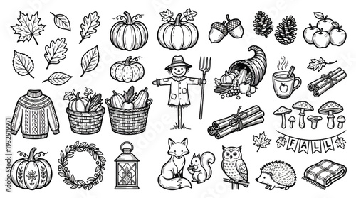 Detailed collection of harvest-themed objects including pumpkins, woodland animals, a cozy sweater, and seasonal foliage suitable for Thanksgiving decoration.
