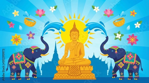 Golden Buddha statue flanked by two decorated elephants splashing water during a celebration