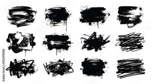 Collection of black ink brush strokes on white background for design elements and artistic textures