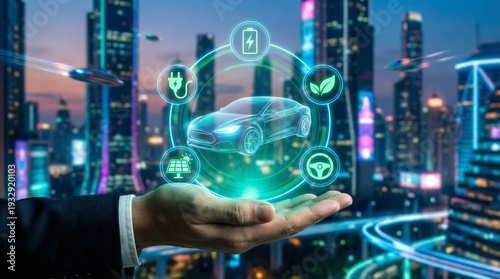 Businessman displays holographic electric car technology above a futuristic neon cityscape