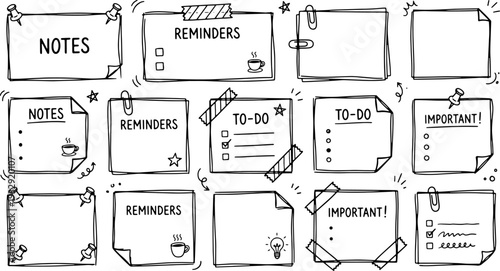 Collection of hand-drawn reminder and to-do list memo pads featuring text labels like 'Notes', 'Reminders', and 'Important!' secured with pins and tape.