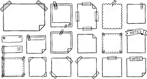 Assortment of blank square and rectangular sticky notes, memo pads, and paper scraps decorated with tape, paper clips, and thumbtacks for journaling.