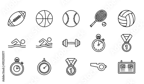 Sports Line Icon Set with Fitness and Competition Symbols for Apps Websites and Infographics