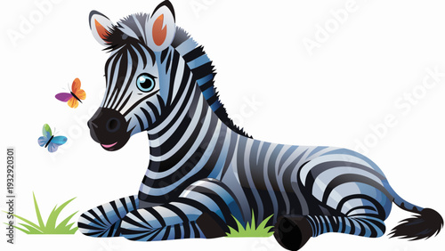 Adorable baby zebra lying in grass surrounded by colorful butterflies
