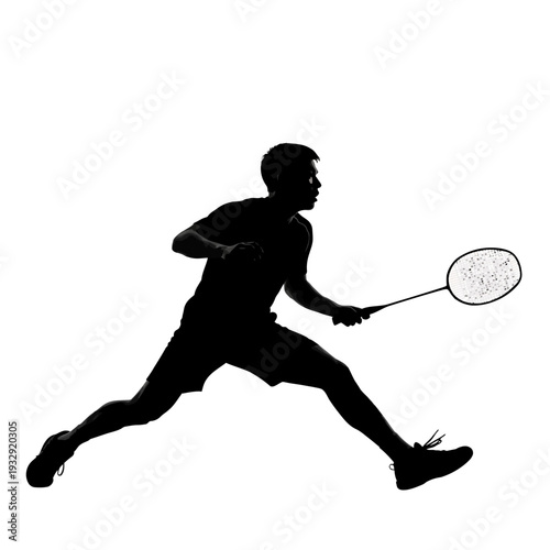 Dynamic silhouette of a badminton player in action, striking the shuttlecock with racket.