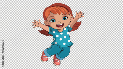 Cheerful young girl jumping with excitement in blue outfit