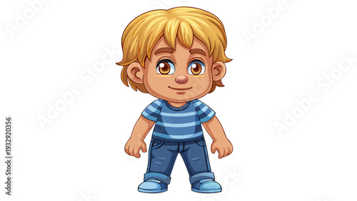 Cute blond boy in blue striped tee and jeans smiling
