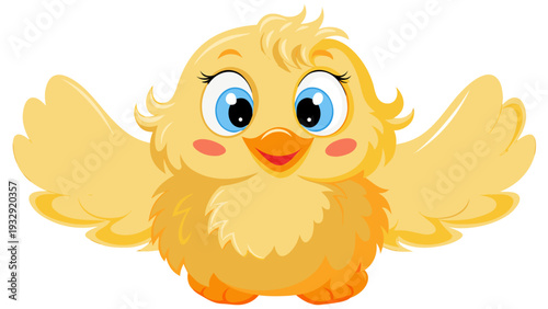 Cute cartoon chick with bright yellow fluffy feathers spreads wings