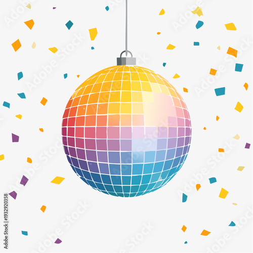 Colorful Disco Ball with Confetti on a white background rainbow celebration