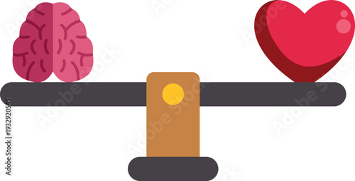 Brain and heart icons balancing on scales, representing a concept of equilibrium between logic and emotion