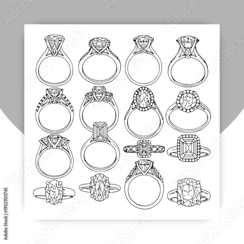 Luxury jewelry icons set. Diamond ring, necklace, bracelet, earrings, emerald, box, watch, loupe. Fashion accessories vector. Precious gems, wedding engagement, expensive wealth.